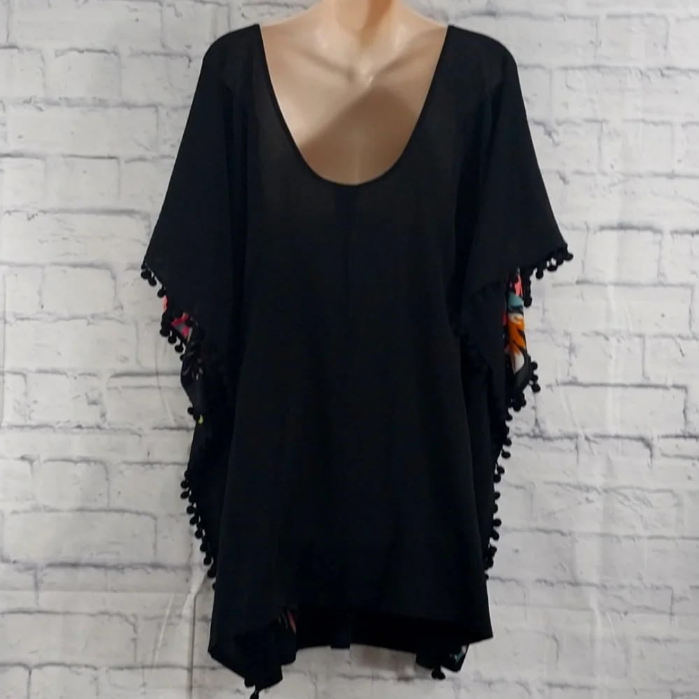 🔵BOGO FREE🔵 Floral Black Kaftan Swim Suit Cover-Up w Pom Poms Sz XL - Picture 4 of 5